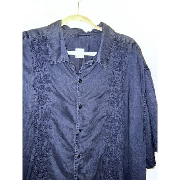 MERONA Navy Linen Button Down Short Sleeve Shirt Embroidered Sz XXL - Picture 2 of 8